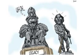 A cartoon depicting two statues, one of the deputy president in Kenya and one of a KLFA fighter