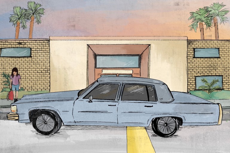 An illustration of a car in front of a school, for school pick ups.