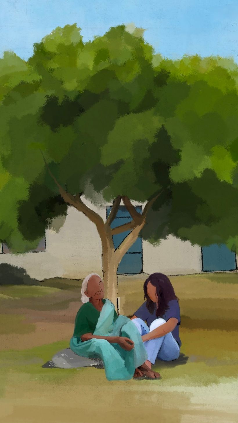 An illustration of two people sitting in the grass a park, knee to knee.