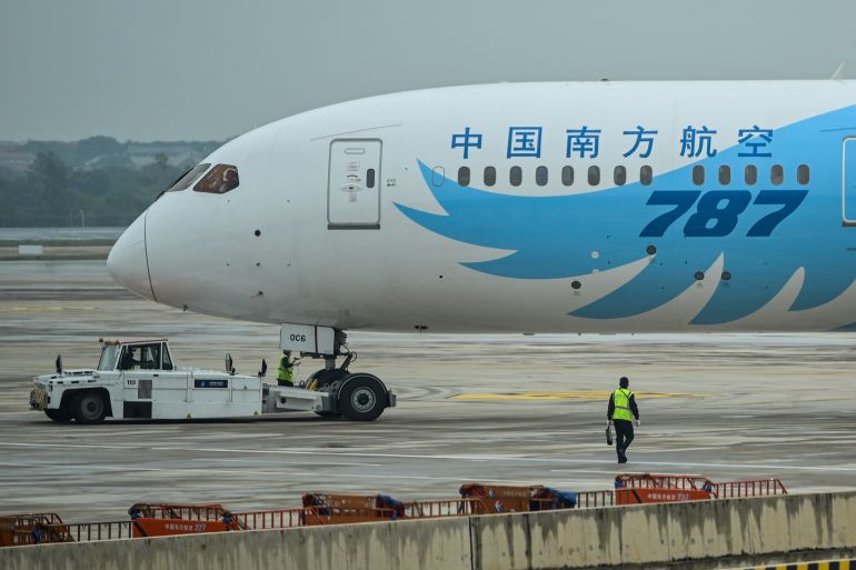 A Boeing 787 plane in 2020 at Tianhe Airport in Wuhan, China