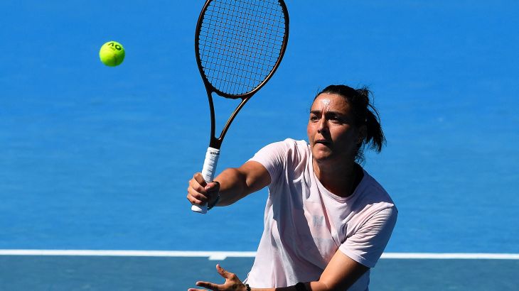 Tunisia's Ons Jabeur hits a return during a practice session ahead of the Australian Open tennis tournament in Melbourne on January 14, 2023.