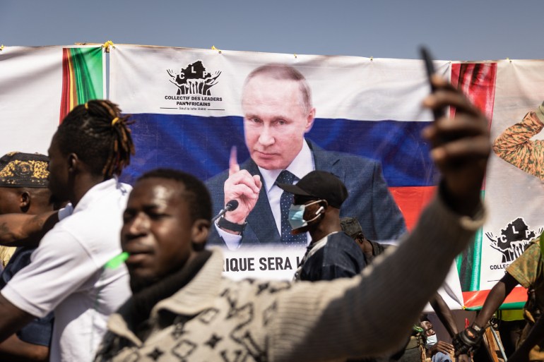 A banner of Russian President Vladimir Putin is seen during a protest in Ouagadougou, Burkina Faso.