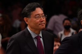 Ambassador Qin Gang looks on during the game between the Chicago Sky and the New York Liberty