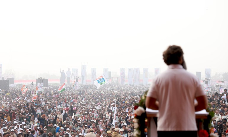 Congress Party's Rahul Gandhi addressing supporters in Karnal, Haryana state, India