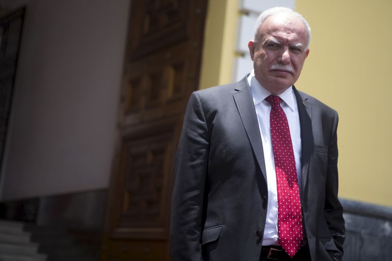 Palestinian Foreign Minister Riad al-Malki leaves the Venezuelan Foreign Ministry building