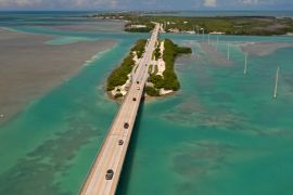 Aerial view of the bridges of the Florida Keys.