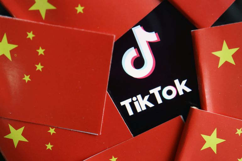 China's flags are seen near a TikTok logo in this illustration picture.
