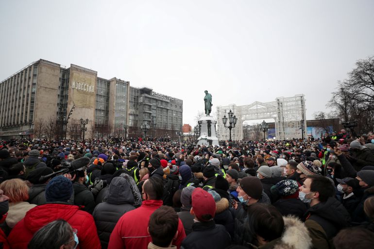 A general view of a rally in support of jailed Russian opposition leader Alexei Navalny in Moscow, Russia January 23, 2021. REUTERS/Evgenia Novozhenina