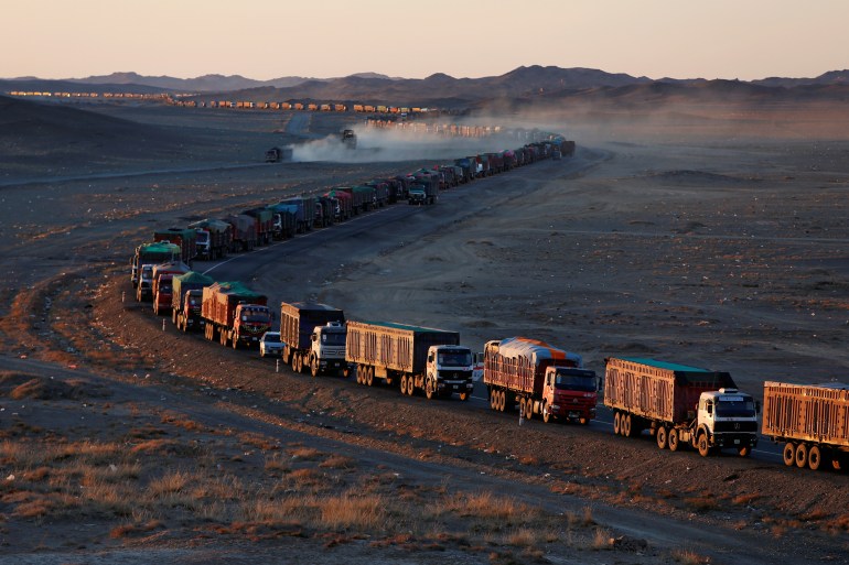 Trucks carrying coal in Mongolia.