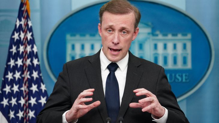US White House national security adviser Jake Sullivan speaks at a press briefing at the White House.