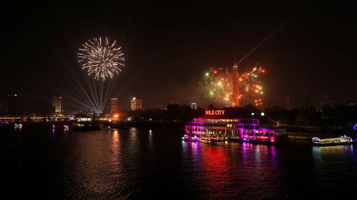 Fireworks over the Nile River during the New Year celebrations, in Cairo, Egypt