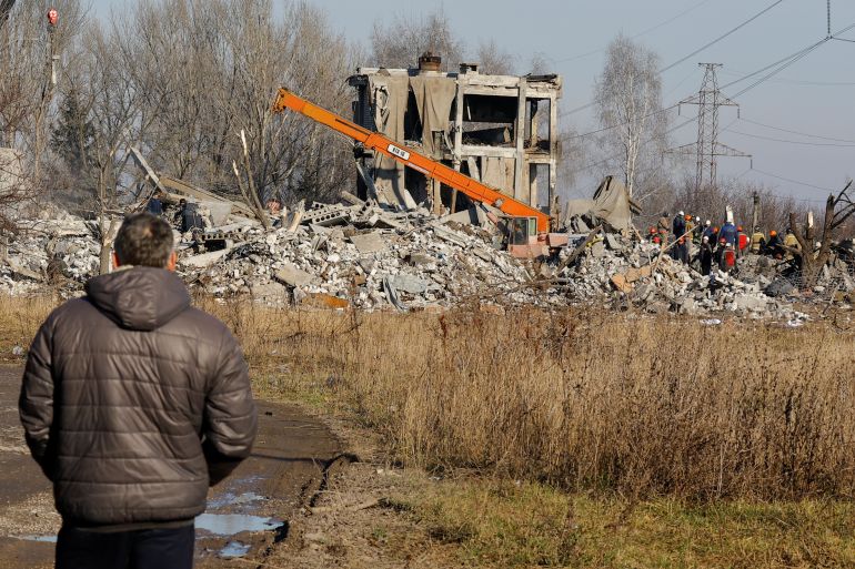 A destroyed building in Makiivka