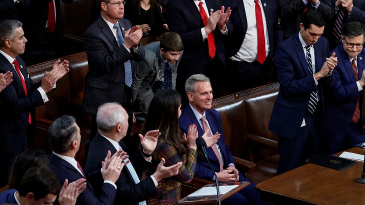 US House Republican leader Kevin McCarthy is applauded by Republican members of the House after being nominated to be the next Speaker of the House before a vote for speaker in the House Chamber on the first day of the new Congress.