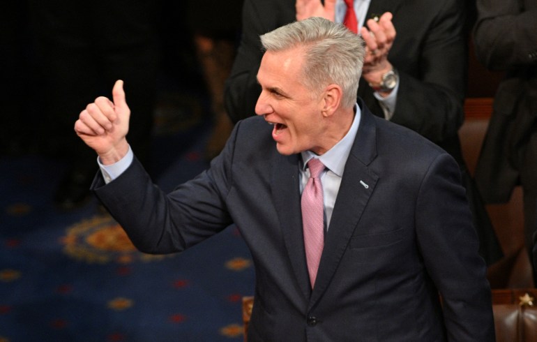 U.S. House Republican Leader Kevin McCarthy (R-CA) celebrates being elected the next Speaker of the U.S. House of Representatives in a late night 15th round of voting during the fourth session of the 118th Congress at the U.S. Capitol in Washington, U.S., January 7, 2023