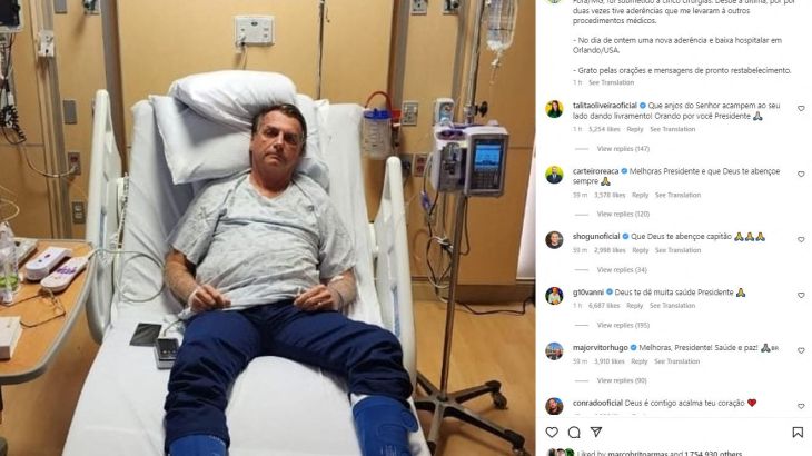 A screen grab of an image posted on Instagram shows Brazil's former President Jair Bolsonaro on a hospital bed at an unspecified location in this picture released January 9, 2023 and obtained from social media [Jair Bolsonaro/Instagram/via Reuters]