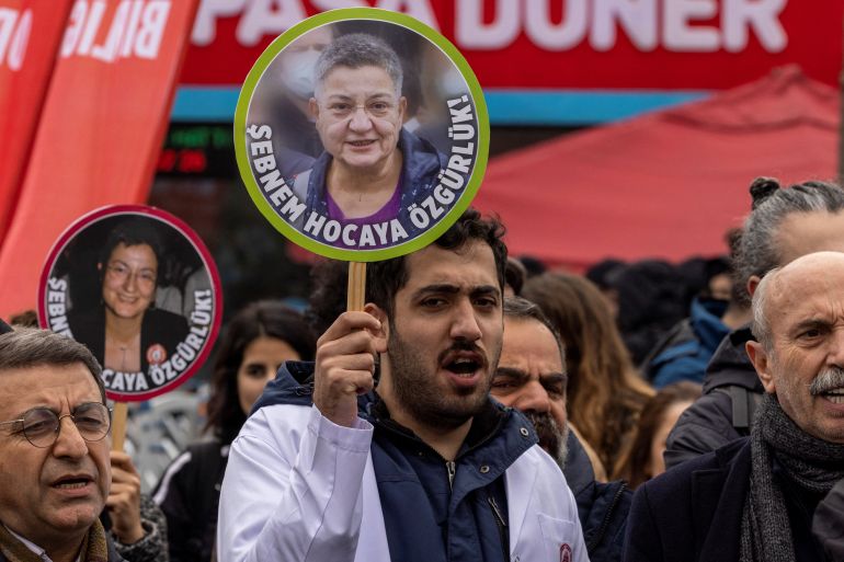 Supporters of the Turkish Medical Association (TTB) head Sebnem Korur Fincanci protest in Istanbul