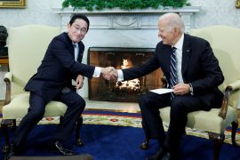 US President Joe Biden shakes hands with Japan&#039;s Prime Minister Fumio Kishida at the White House in Washington, DC, United States [File: Jonathan Ernst/Reuters]