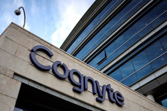 A sign of the Israeli company Cognyte, is seen on their headquarters building in Herzliya near Tel Aviv, Israel.