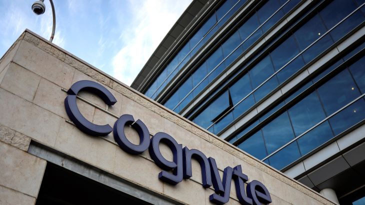 A sign of the Israeli company Cognyte, is seen on their headquarters building in Herzliya near Tel Aviv, Israel.