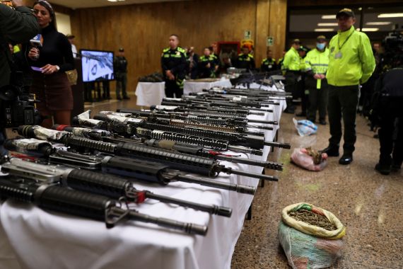 Rifles are seen during a news conference showing a seizure of weapons Colombian police say belonged to FARC rebel dissidents