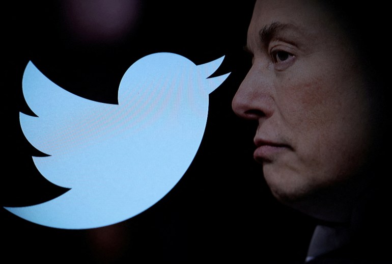 Twitter logo in combination with a photo of Elon Musk in this illustration.