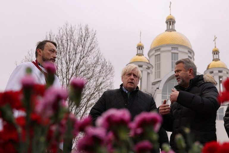 Former British Prime Minister Boris Johnson visits Bucha, Ukraine.