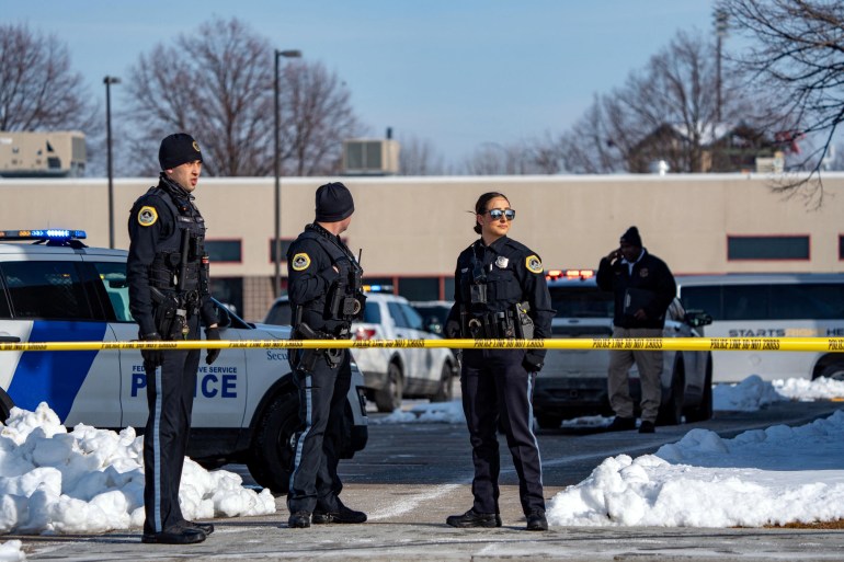 Des Moines police investigate a fatal multiple-injury shooting at Starts Right Here, a nonprofit educational mentorship program that helps at-risk metro Des Moines youth, in Des Moines, Iowa, U.S. January 23, 2023. Zach Boyden-Holmes/USA TODAY NETWORK via REUTERS NO RESALES. NO ARCHIVES. MANDATORY CREDIT