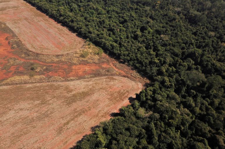 An aerial view shows deforestation in the Brazilian Amazon