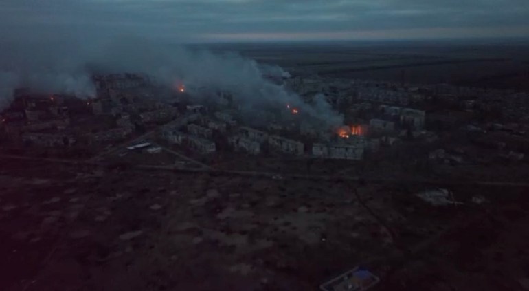 Aerial view of fires and smoke over the city, as Russia's attack on Ukraine continues, in Vuhledar, Donetsk region