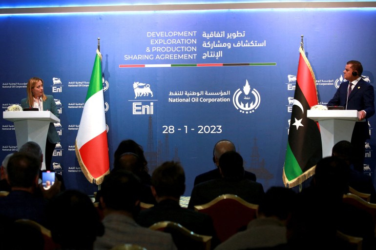 Italian Prime Minister Giorgia Meloni speaks during a news conference in Tripoli