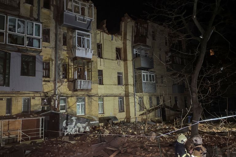 An apartment building damaged by a Russian missile in Kharkiv, Ukraine
