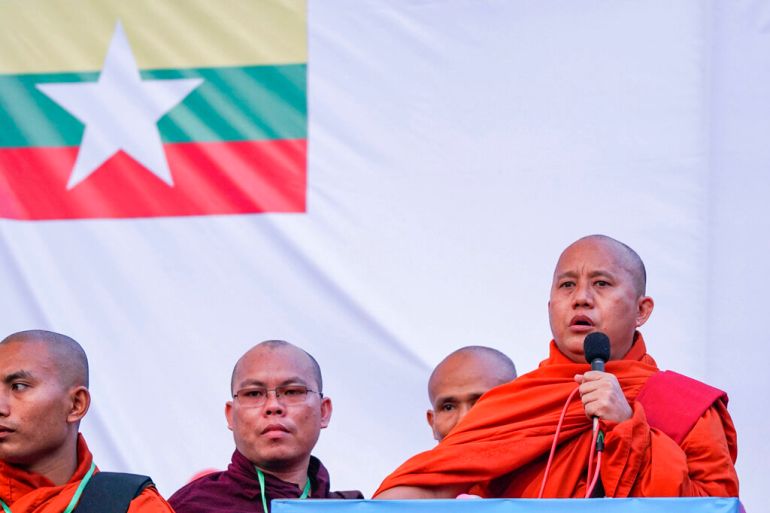 Buddhist monk and anti-Muslim leader Wirathu speaks during a nationalist rally in Yangon, Myanmar in May 2019 [File: Aung Naing Soe/AP Photo]