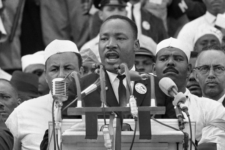 FILE - In this Aug. 28, 1963, file photo, Dr. Martin Luther King Jr. addresses marchers during his "I Have a Dream" speech at the Lincoln Memorial in Washington. The U.S. economy “has never worked fairly for Black Americans — or, really, for any American of color,” Treasury Secretary Janet Yellen said in a speech delivered Monday, Jan. 17, 2022 one of many by national leaders acknowledging unmet needs for racial equality on Martin Luther King Day. (AP Photo, File)