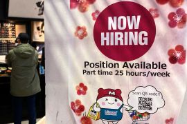 A hiring sign is displayed at a grocery store in Arlington Heights, Ill.
