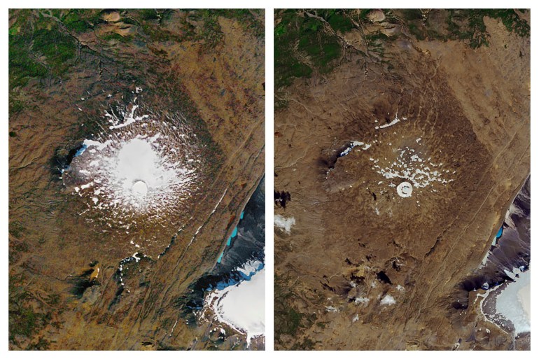 This combination of Sept. 14, 1986, left, and Aug. 1, 2019 photos provided by NASA shows the shrinking of the Okjokull glacier on the Ok volcano in west-central Iceland