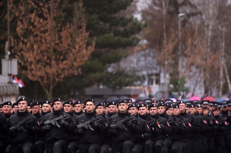Members of the police forces of Republic of Srpska march during a parade marking the 31st anniversary of the Republic of Srpska in Istocno Sarajevo, Bosnia,
