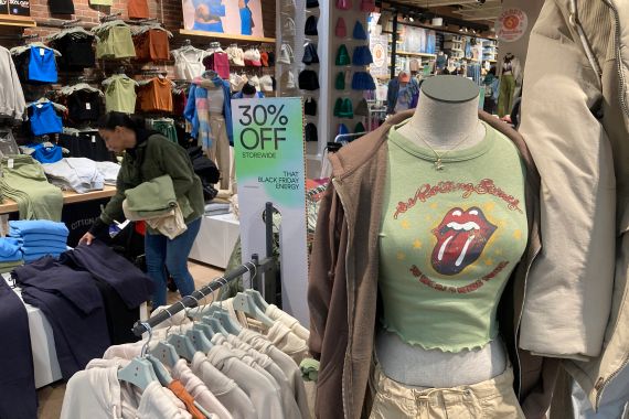 A Rolling Stones t-shirt from 1970 is displayed in the Westfield Garden State Plaza shopping mall in Paramus, New Jersey, US