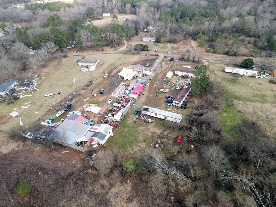 An aerial view of the tornado destruction that flattened homes and businesses