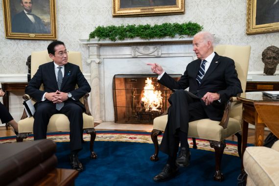 President Joe Biden meets Japanese Prime Minister Fumio Kishida in the Oval Office of the White House, Friday, Jan. 13, 2023, in Washington. (AP Photo/Evan Vucci)
