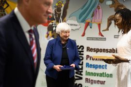 US Treasury Secretary Janet Yellen smiles after delivering a speech in Senegal's capital