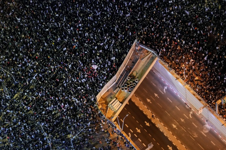 Aerial view of tens of thousands of Israelis who turned up to protest against the plans by Prime Minister Benjamin Netanyahu's new government to overhaul the judicial system, in Tel Aviv, Israel.