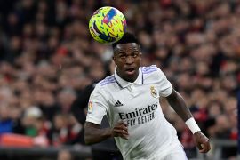 Real Madrid's Vinicius Junior controls the ball in match in January.