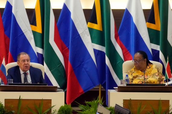 Russia's Foreign Minister Sergey Lavrov, left, speaks as his South Africa's counterpart in Naledi Pandor listens, during their opining remarks of their meeting in Pretoria, South Africa, Monday, Jan. 23, 2023 [Themba Hadebe/AP Photo]