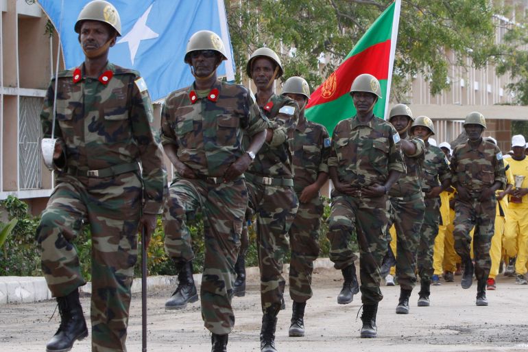 Somali military march at a Ministry of Defense compound in Mogadishu