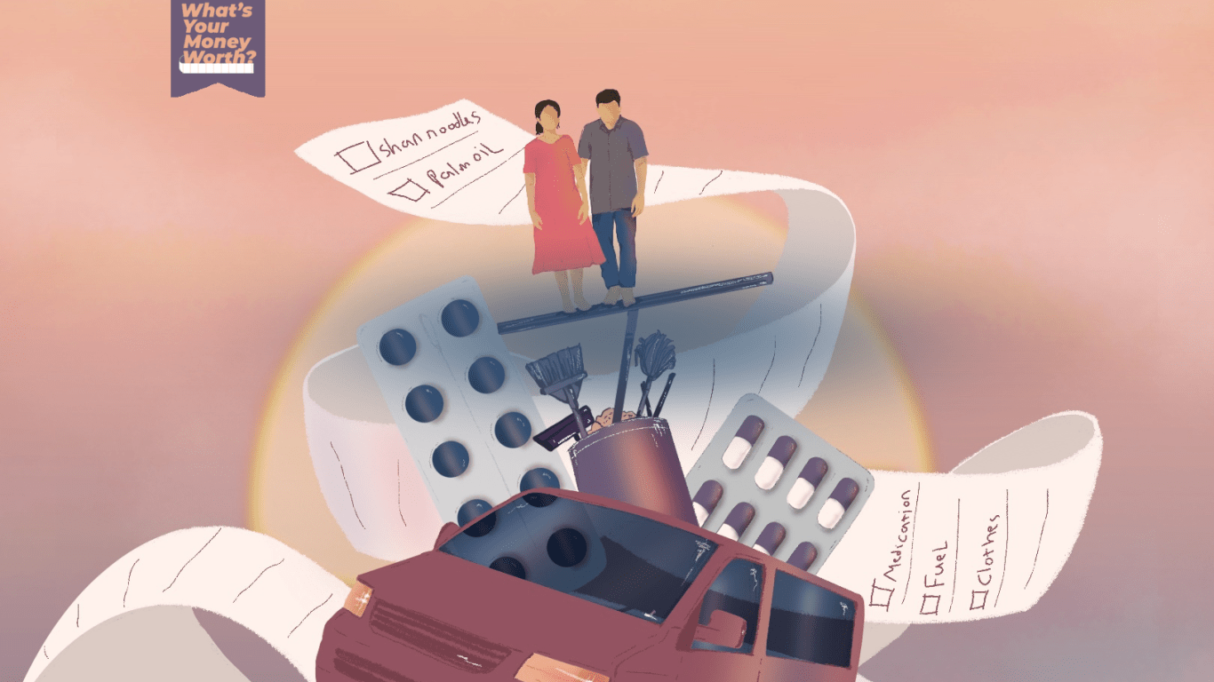 An illustration of a woman and a man standing on top of an ironing board that's on top of a bucket of brushes and brooms that's on top of a car. With two pill containers popping out of either side of the car and a long receipt surrounding the image.