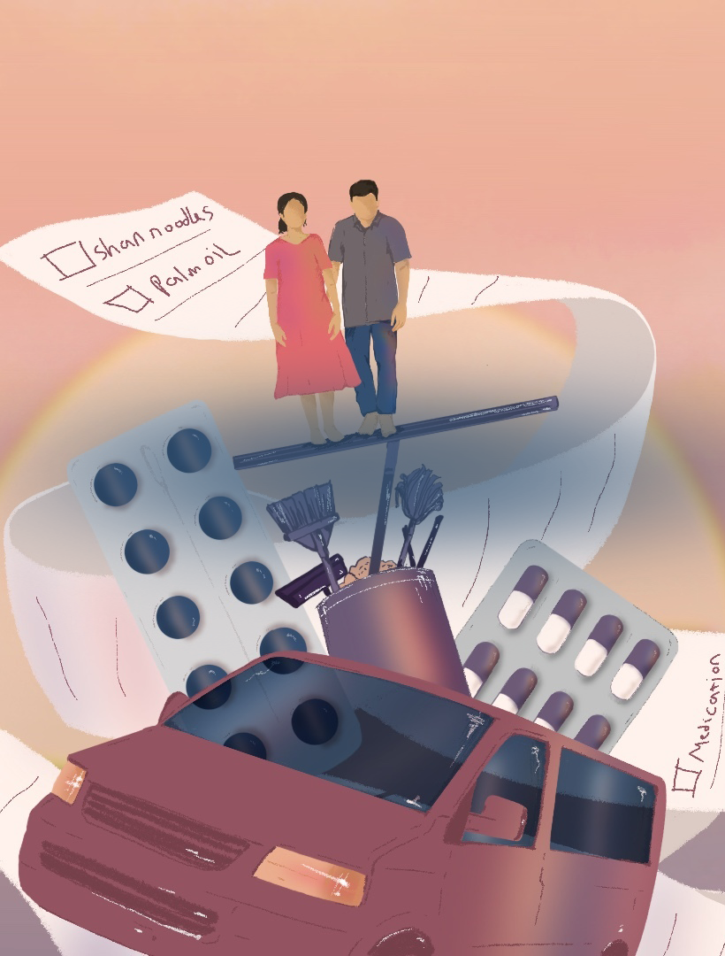 An illustration of a woman and a man standing on top of an ironing board that's on top of a bucket of brushes and brooms that's on top of a car. With two pill containers popping out of either side of the car and a long receipt surrounding the image.