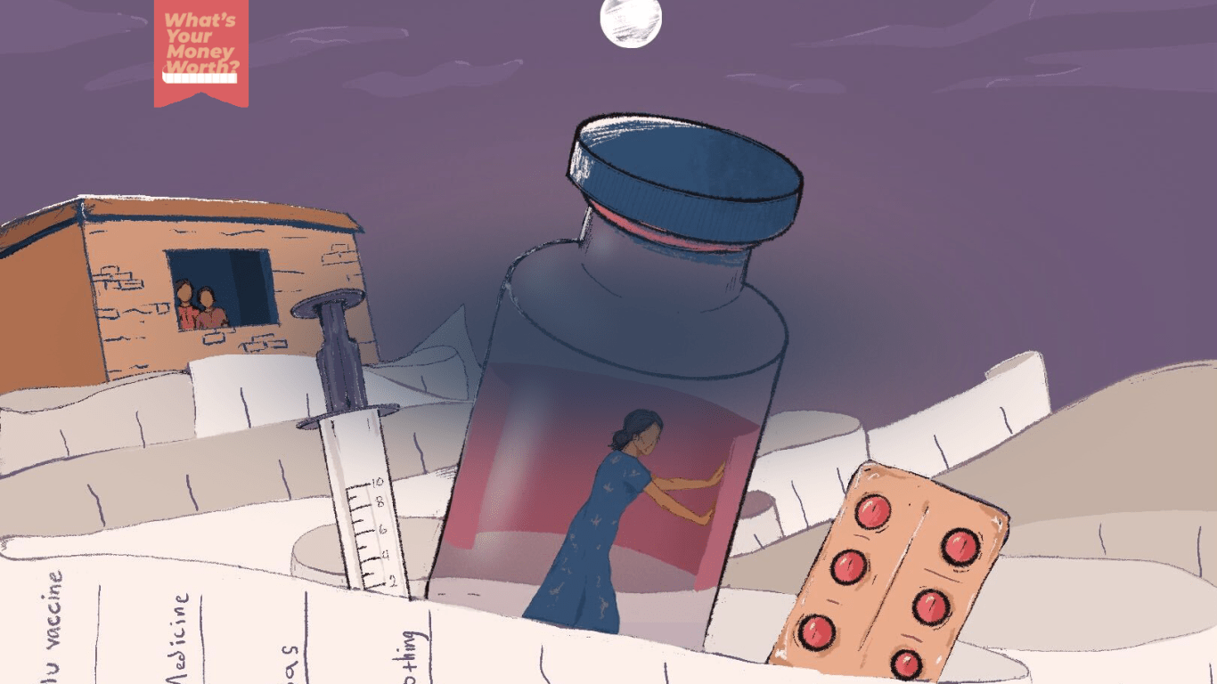 An illustration of a woman in a vaccine filled with a syringe on her left and some pills on her left and a building with two people looking out of the window in the background. There's also a list with flue vaccine, medicine, gas, clothing, etc all around.