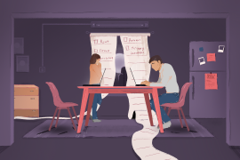 An illustration of a table with two people on either end with a laptop in front of them and the person on the left is looking at the curtains that are made from one long receipt.
