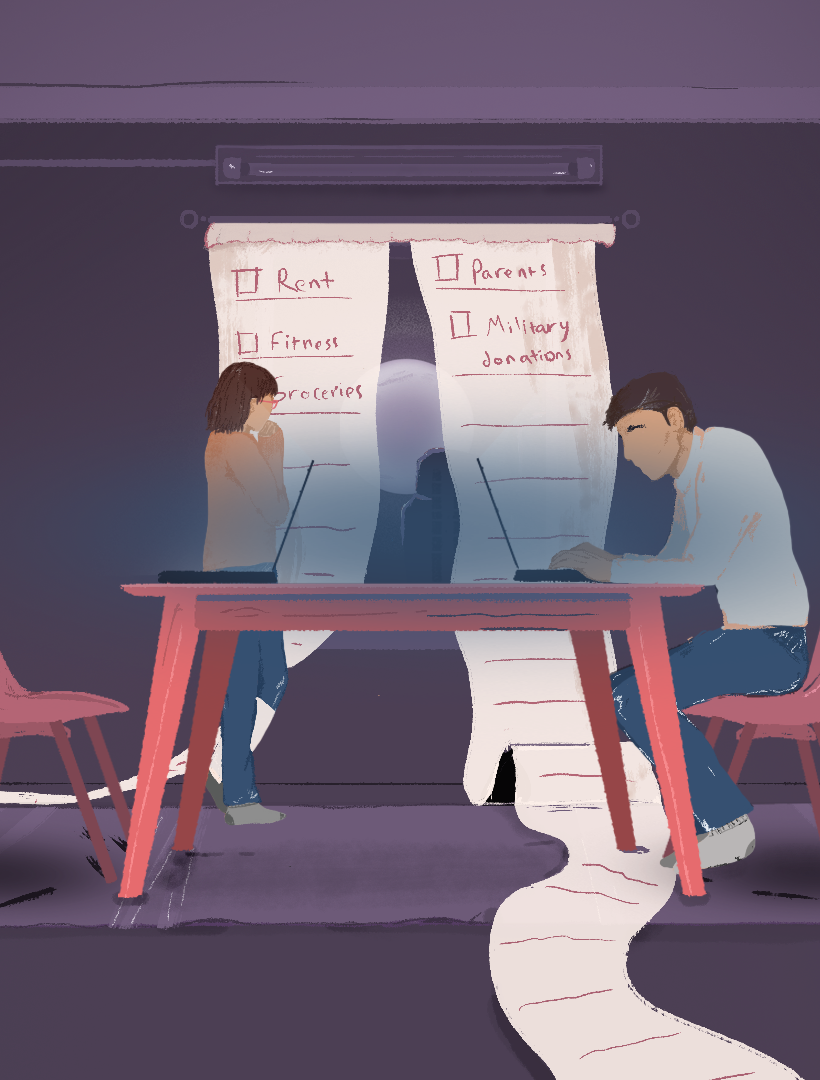 An illustration of a table with two people on either end with a laptop in front of them and the person on the left is looking at the curtains that are made from one long receipt.