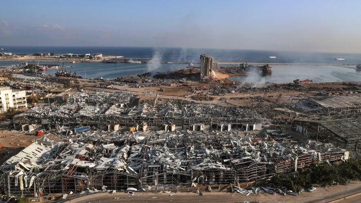 This photo shows a general view of the scene of an explosion that hit the seaport of Beirut, Lebanon